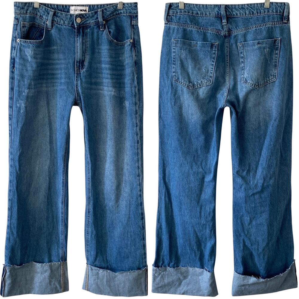 FASHION NOVA Cuffed Straight Leg Jeans Medium Blue Wash Size 11 Cotton